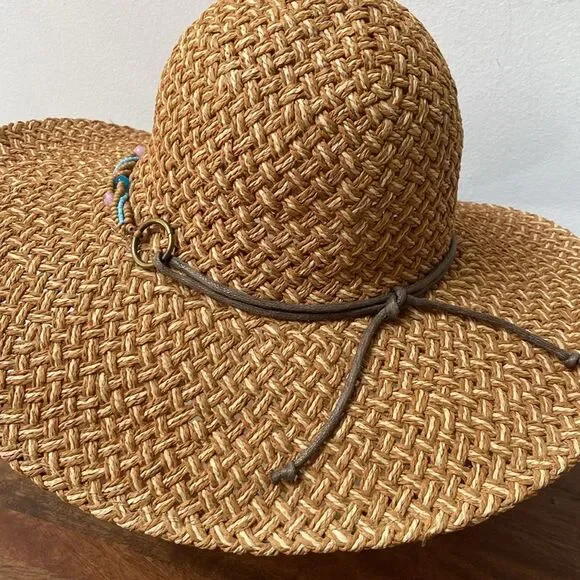 Woven Straw Hat with Beaded Band - Picture 2 of 9